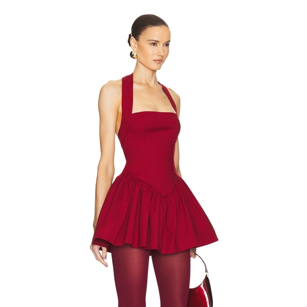 Helsa Faille Halter Mini Dress in Rouge